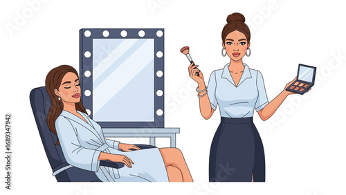 Professional makeup artist applying cosmetics to a client in a glamorous vanity mirror setting