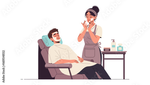 Skilled barber applying shaving cream to a contented client in a comfortable chair