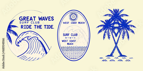 Retro surf club emblem with palm trees and ocean waves in blue and cream