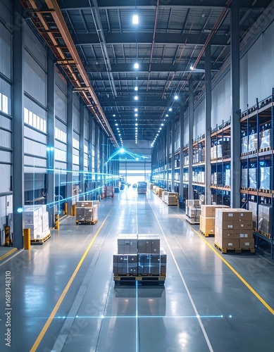 Warehouse interior with digital overlay