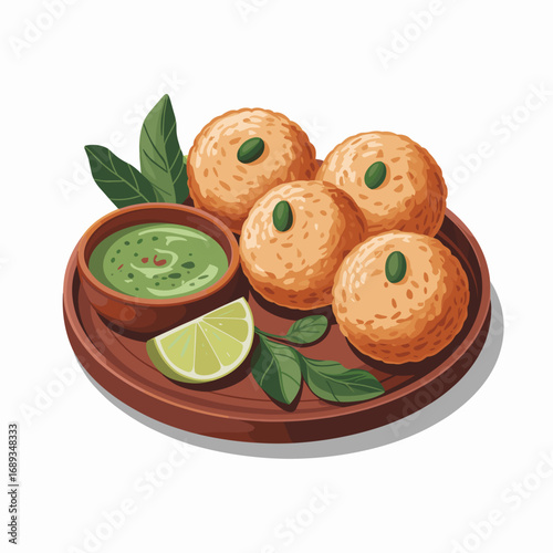 Sabudana Vada Plate with Green Chutney and Lime Illustration