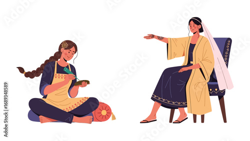Two women in traditional attire engaged in cultural activities one seated cross legged the other in a chair