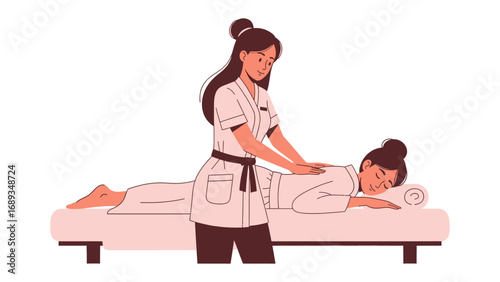 Professional massage therapist gently massaging a relaxed client lying on a massage table