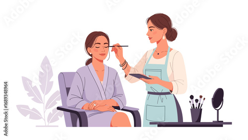 Professional makeup artist applying cosmetics to a client in a salon setting with tools and mirror