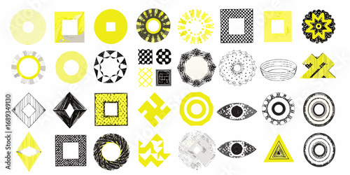 Collection of diverse abstract geometric shapes and patterns in yellow black and white with a hand drawn feel