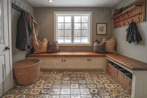 Bench in mud room under window.