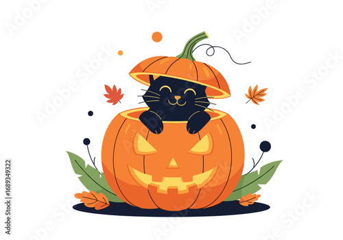 Adorable black cat peeking from a spooky jack o lantern halloween decoration