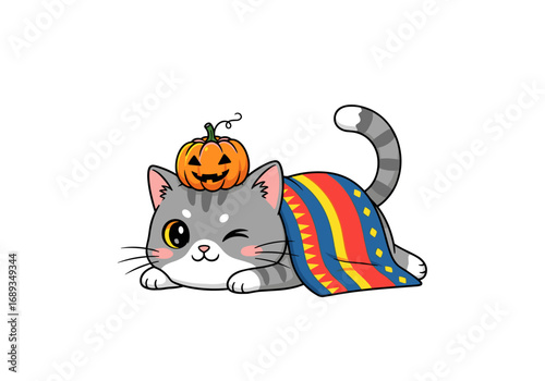 Adorable halloween cat with pumpkin hat and cozy blanket winking playfully