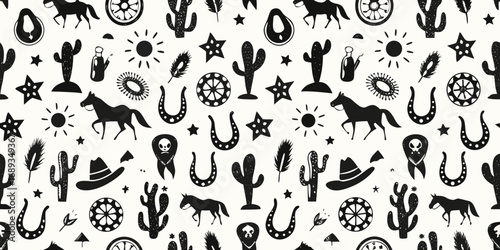 Whimsical western doodle pattern with horses cacti sun hats and horseshoes