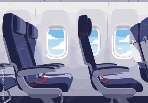Inside an empty airplane cabin with rows of blue seats and windows showing clouds