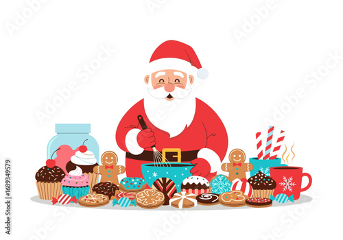 Santa claus happily baking delicious christmas cookies and sweet festive treats for the holidays
