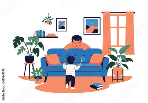 Father and child playing together in a bright cozy living room enjoying quality family time