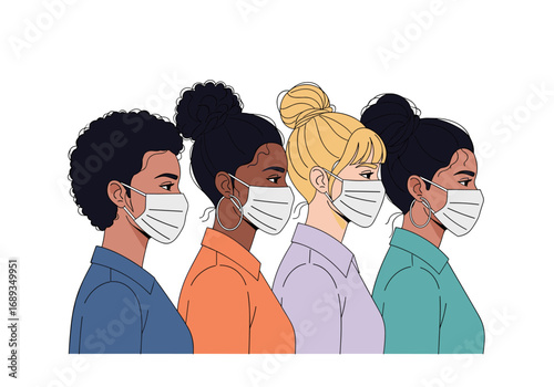 Diverse group of women wearing face masks during pandemic protection and health awareness