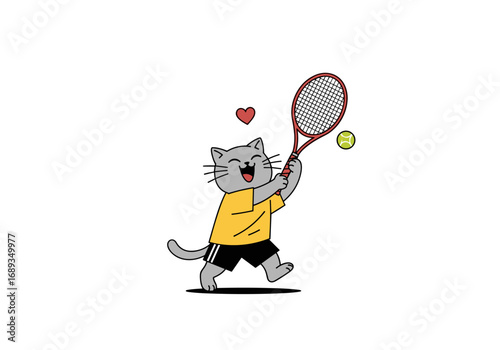 Cute cartoon cat happily playing tennis with a racket and ball on a white background