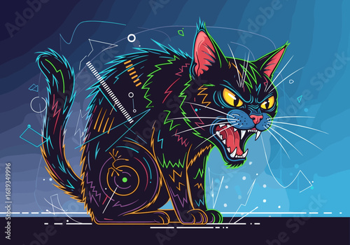 An angry black cat with a cyberpunk style and geometric patterns displaying ferocity on a gradient blue background