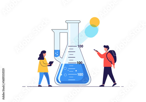 Students conduct scientific experimentation with large laboratory flask demonstrating liquid measurement techniques and analysis
