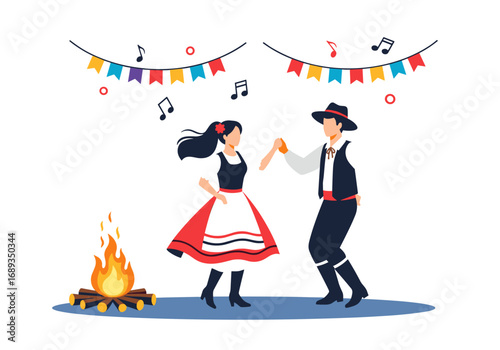 Traditional folk dance couple celebrating outdoors around a bonfire with festive decorations and music notes adorning the scene