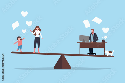 Balancing family life and work responsibilities on a scale with a mother child and father at desk