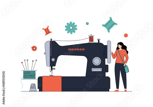 Illustration of a woman sewing machine with craft supplies and tools for textile creation