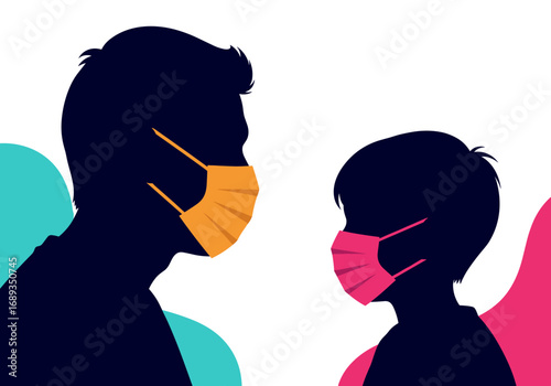 Father and child wearing protective face masks together during pandemic awareness campaign