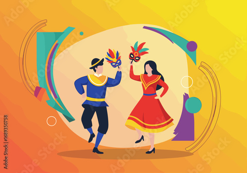 Colorful festival celebration with dancers wearing traditional costumes holding festive masks