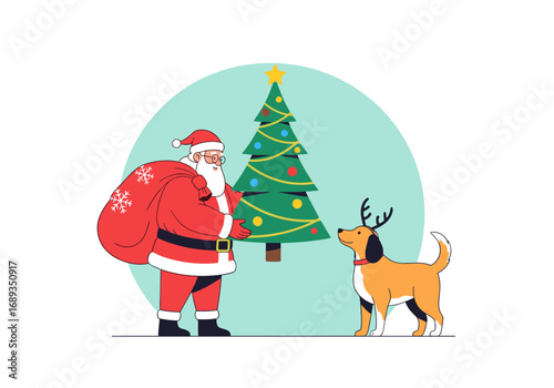 Santa claus with reindeer dog and decorated christmas tree sharing holiday cheer together