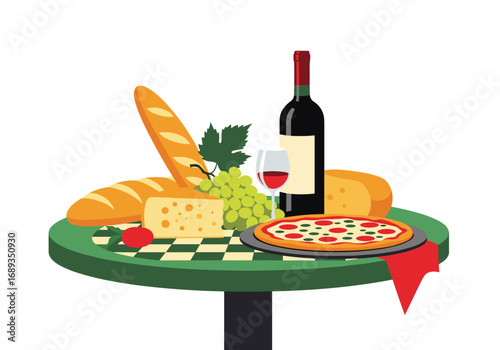A delicious italian feast featuring fresh bread cheese grapes pizza and red wine on a table