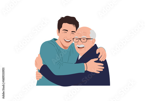 A young man embraces his elderly father with a warm loving hug showing strong family bonds and happiness