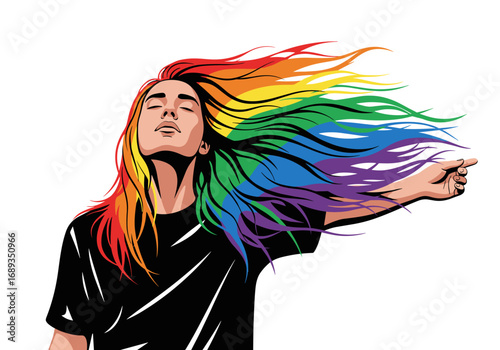 Vibrant rainbow hair flowing free person expressing joy and individuality with eyes closed and arm extended forward