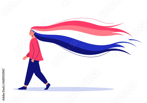 Person walking with flowing hair resembling french flag colors symbolizing national pride and identity