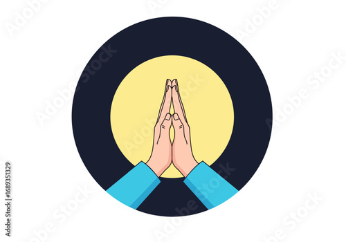 Symbolic illustration of hands clasped together in prayer or greeting against a dark circular background with a luminous yellow center representing hope or divinity
