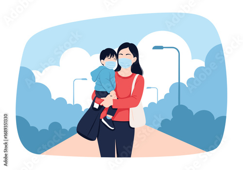 Mother carrying child both wearing face masks outdoors in a cloudy sky background illustration
