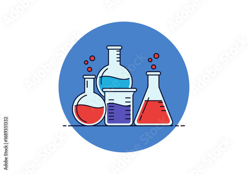 Visual representation of chemical experimentation and scientific discovery through laboratory glassware