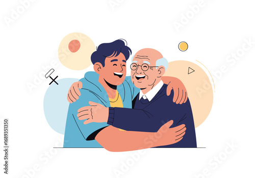 A young person hugs an older person both smiling happily together