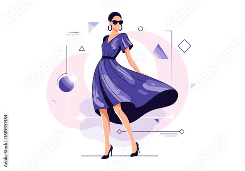 Stylish woman in a flowing purple dress modeling high fashion and modern design elements