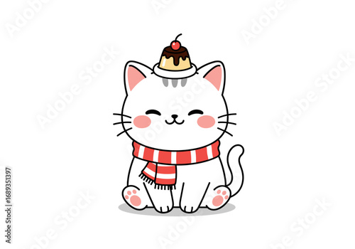 Adorable kawaii kitten wearing a delightful dessert hat and a cozy striped scarf sitting patiently