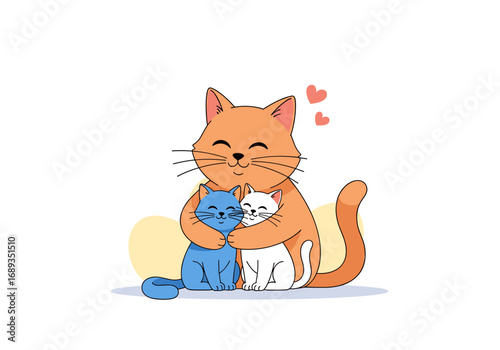 A loving mother cat hugging her two adorable kittens with hearts above them