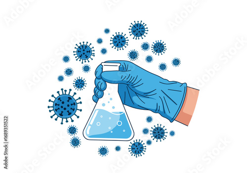 Hand in blue glove holding flask with liquid surrounded by virus particles representing scientific research and medical discovery