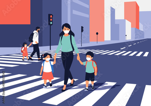 Family wearing masks crossing a city street at a pedestrian crossing during the day