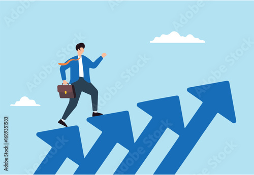 Flat illustration of confident businessman walking upward on rising arrows career growth business success goal achievement leadership to achieve target