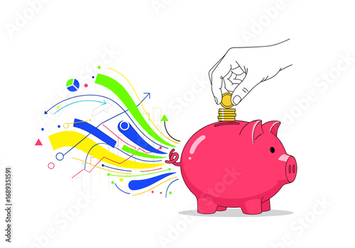 Saving money piggy bank financial growth concept with colorful arrows and charts