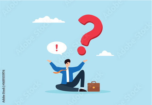 Flat illustration of businessman sitting with giant question mark and exclamation bubble decision to solve problem curiosity finding answers and new ideas