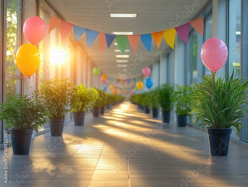Decorated corridor with flags, balloons, and plants in pots. Perfect for celebrating achievements or special events at work.