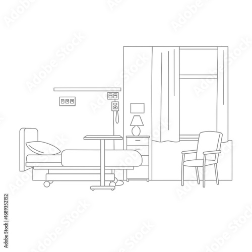 Line Drawing of Hospital Room with Bed and Chair