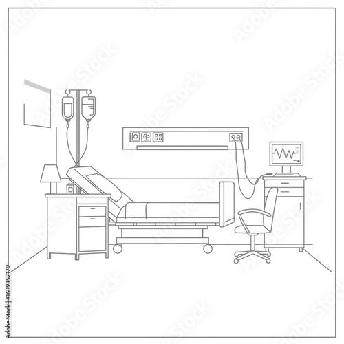Line Drawing of Hospital Room with Patient Bed and Medical Equipment