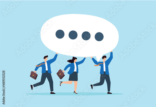 Flat illustration of three business people carrying large chat bubble teamwork group discussion communication social feedback and collaborative dialogue