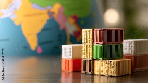 Colorful miniature shipping containers stacked in front of world map background showcasing global trade and international logistics industry with free copy space