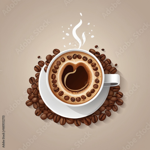 View of 3d coffee cup with roasted beans .Time to drink coffee, coffee break in modern style. Coffee cup with hot coffee and roasted coffee beans on bright color background. Creative stylish vec





