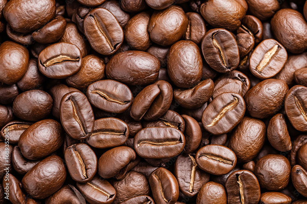 Fototapeta premium An Abundant Collection of Richly Roasted Coffee Beans Displaying Their Glossy Brown Finish and Unique Textures in a Close-Up View