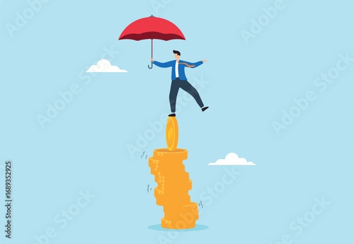 Flat illustration of businessman balancing on unstable stack of coins and holding umbrella financial stability risk money management and uncertainty protection